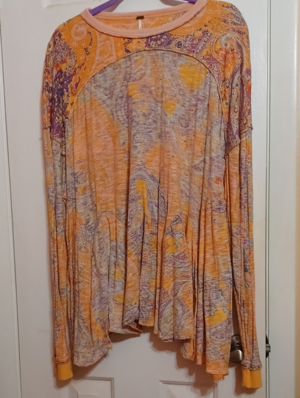 Free People Orange and Purple Paisley Crewneck Top
